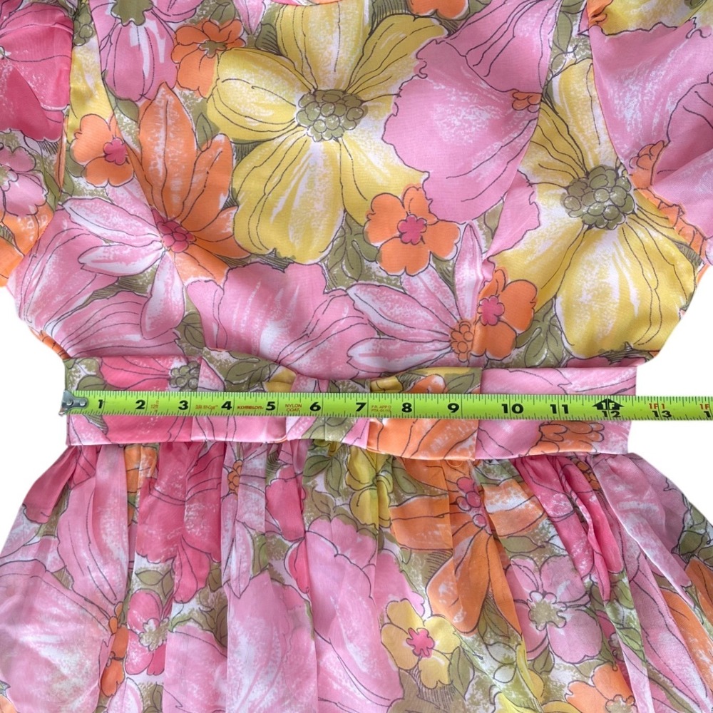 Vintage 60's  Floral Maxi Dress Pink Orange Yellow Puff Sleeve‎ Boho Mod Garden - Picture 5 of 10